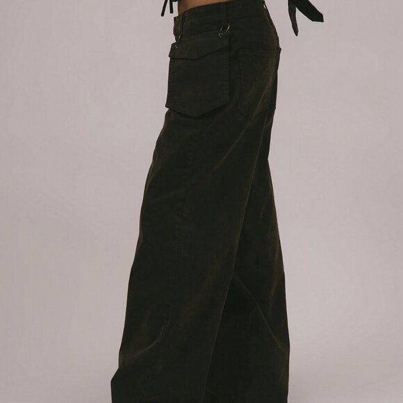 Army Green Casual Women's Velvet Denim Looped Hook On Pocket Detail Jeans - Picture 3 of 5